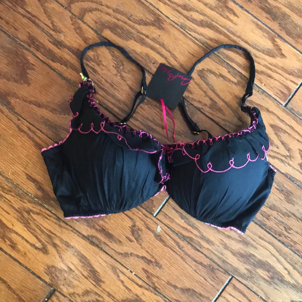 NWT 34C Black/Pink Ruffle Push Up Carol Maloney